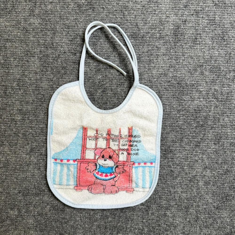 Vintage Old Mother Hubbard Puppy Baby Bib Terry Cloth Plastic Back Tie Closure